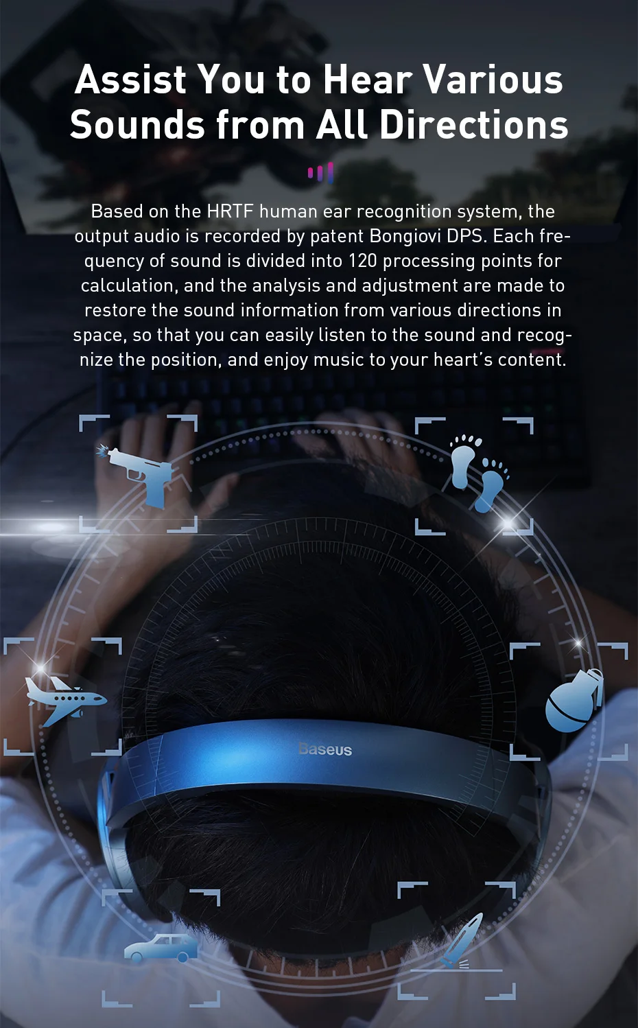 Baseus 3D игровые виртуальные стерео наушники объемного звучания для игровой музыки с usb-портом Удобная Высококачественная звуковая Компьютерная гарнитура