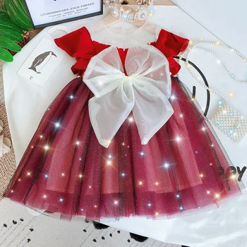 

bow Girls Wedding Red Dress Cute Beading mesh ball gown Dress Kids Girl Velvet stitching Birthday Party Dress