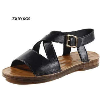 

2020 Famous New Summer Open Shoes Women Genuine Leather Sandals Flat Soft Bottom Wear Comfortable Shoes Sandals Casual Sandals