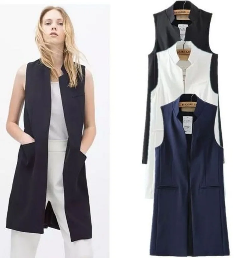 Sleeveless Long Vest Women Stand Collar Office Blazer Lady Open Stitch Waistcoat Jacket Spring Autumn Casual Outwear Cardigan-85 |