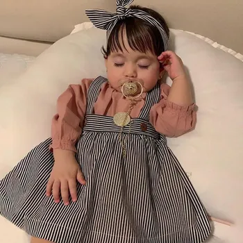 

Newest baby girl clothes Long Sleeve O-Neck Romper+Striped Dress +Print Bow Headband baby girl clothes set AB