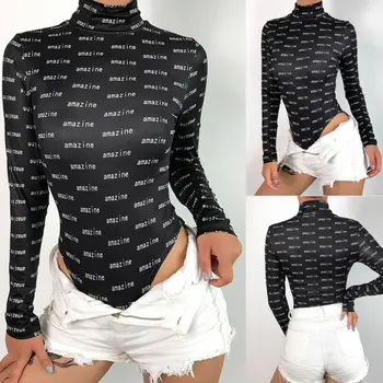 

Women Romper Long Sleeve Jumpsuit Bodysuit Stretch Bodycon Autumn Fashion Casual Slim Sexy Slim Letter Print Lady Bottom Rompers