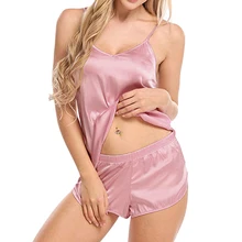 Горячее предложение, модная новинка,, летняя женская ночная рубашка из 2 предметов, атласная пижама, комплект на бретельках, шелковое однотонное ночное женское белье, A66