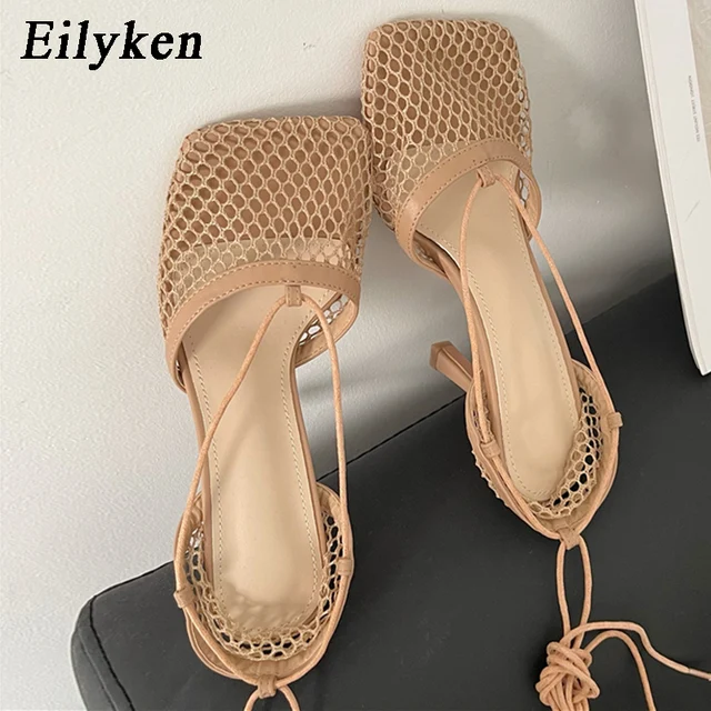 Eilyken New Sexy White Hollow Mesh Pumps Sandals Female Square Toe Stiletto High Heel Ankle Lace Up Cross-tied Party Dress Shoes 2