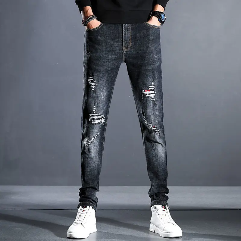 

2021 Men's Black Pants Hole Patches Handsome and Thin Jeans Fashion Casual Stretch Slim Pants Trendy Casual Pants Trouser