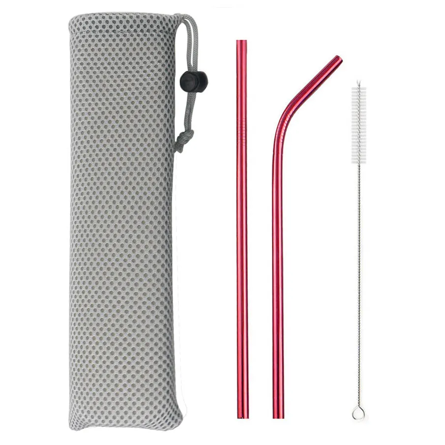 Premium Colorful Stainless Steel Straw Set with Cleaning Brush and Carry Bag