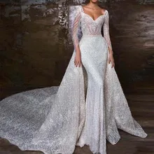 Vestidos De Novia, Милое Свадебное платье русалки, сексуальное, с бисером, с длинным рукавом, свадебные платья, съемная юбка
