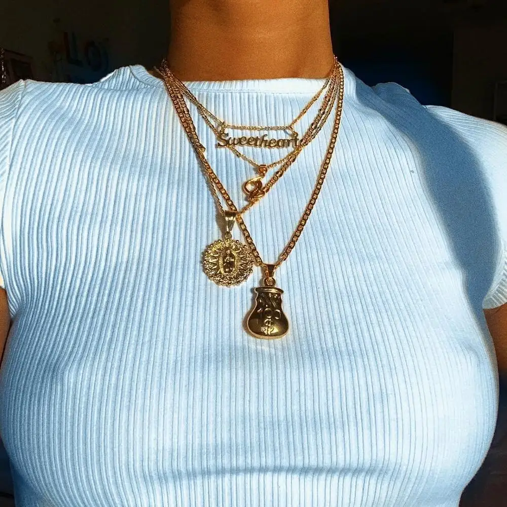 

Gold color Choker Necklace for women 4 Layers money bag sweet Pendant Chain Necklaces & Pendants velvet chokers Fashion Jewelry