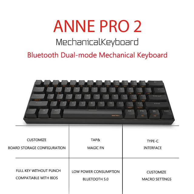 Anne Pro 2 60% Mechanical Keyboard Wired/Wireless Dual Mode Full RGB Double  Shot PBT - Gateron Brown Switch 