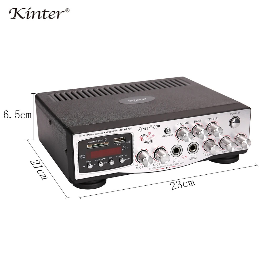 Kinter 009 караоке усилитель аудио hifi стерео звук 2CH DC12V AC220V с USB SD AUX Mic вход регулировка