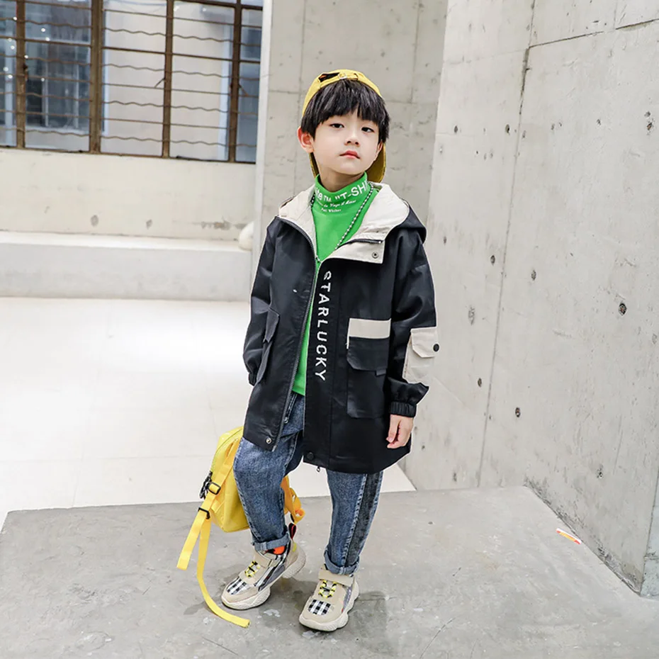 Children's Jacket Letter Print Windbreaker For Boy Long Sleeve Kids Trench Coat Spring Autumn Casual Clothes For Boys Streetwear