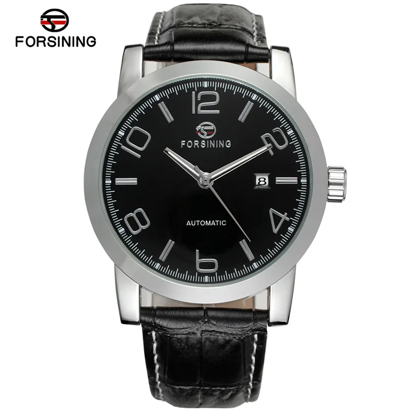 Silver Black FORSINING Топ люксовый бренд Мужские автоматические кожаные часы простые деловые классические цифровые механические часы с большим циферблатом мужские часы - Цвет: Silver Black