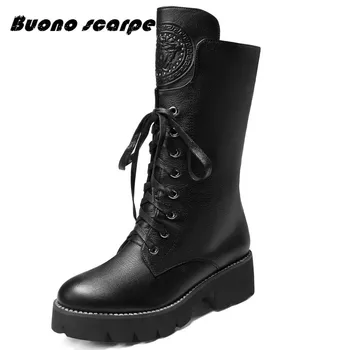 

BuonoScarpe New 2019Season winter Fashion Martin Boots Platform Bottom Tall Leather Knight Boots Warm Snow Sheepskin Women Shoe