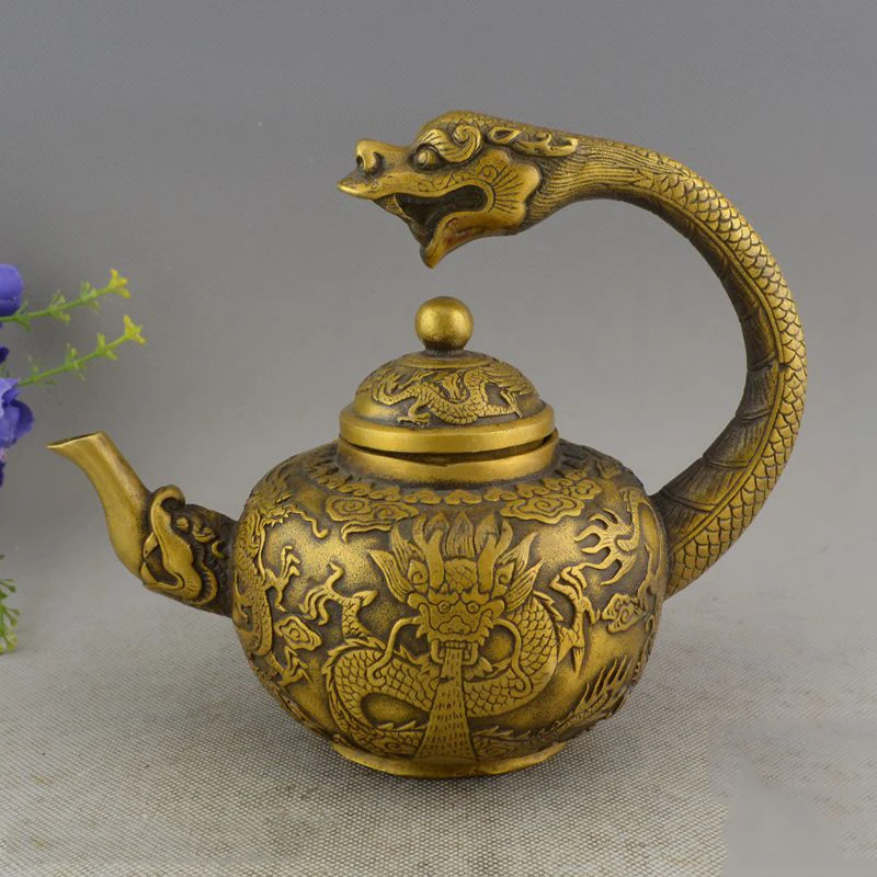 

Old Chinese Brass hand-carved Lucky DRAGON STATUE teapot