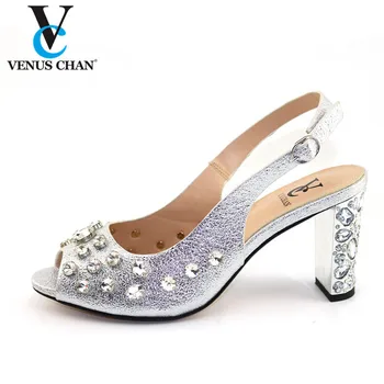 

New Arrival Silver Italian Wedding Shoes for Women High Quality African Party Women Pump Nigerian Sandals