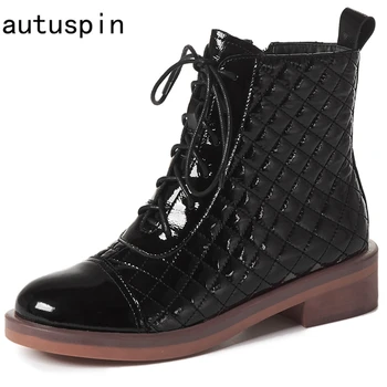 

autuspin Black Cow Patent Leather Ankle Boots for Women Fashion Concise Plaied Pumps 2021 Winter Female Party Office Dress Shoes