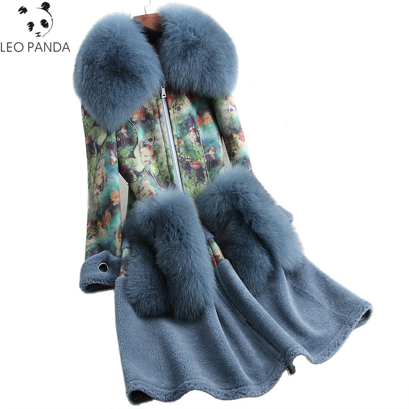 New Fashion Fox Fur Collar Wool Coat Women Real Sheep Thick Warm Outerwear Ladies Print Suede Fabric Long Jackets Cothes | Женская