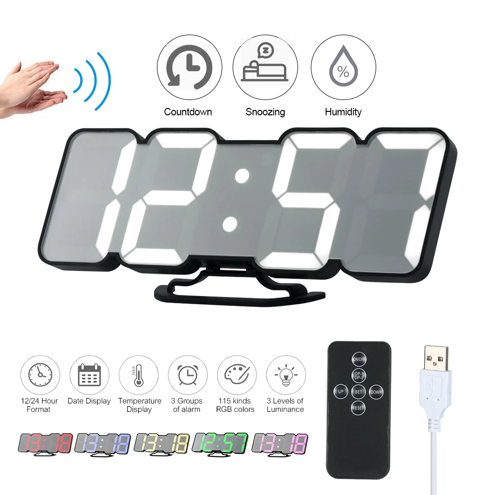

Hot Upgraded 3D Wireless Remote Digital RGB LED Alarm Clock USB Powered Temperature/Date Display 3-Level Brightness Desktop Cloc