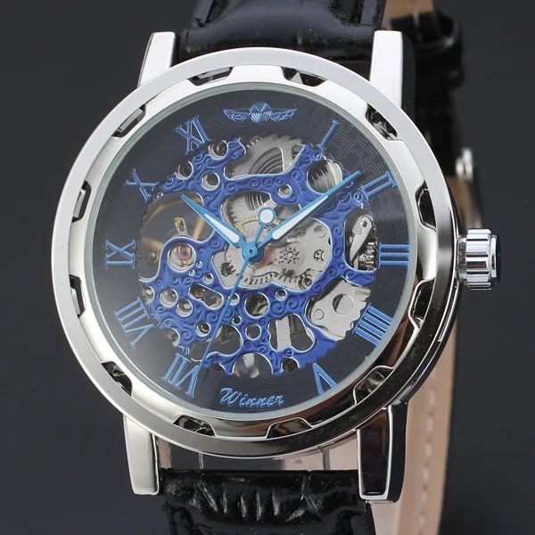 Fashion Winner Black Leather Band Stainless Steel Skeleton Mechanical Watch For Man Gold Mechanical Wrist Watch Luxury Brand 