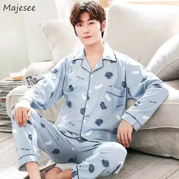 

Pajamas Sets Men Sleepwear 2 Pieces Printed Loose Simple Korean Style Lounge Turn-down Collar Long Sleeve 3XL Leisure Pajama New