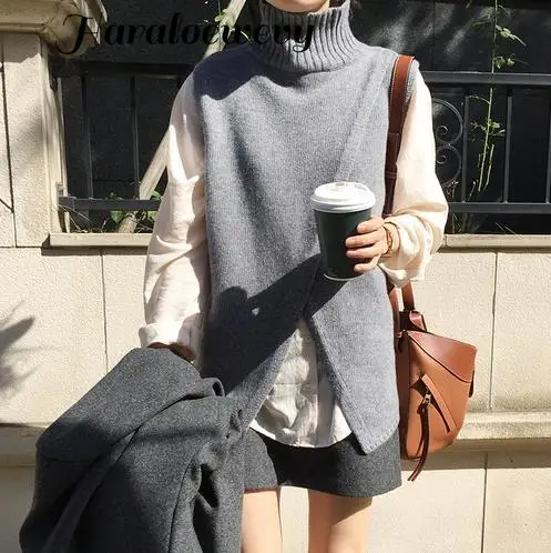 knitted vest Office Lady gray Turtleneck 2019 Spring Autumn Women Vest Wool Sweater Vests Poullovers Sleeveless Female Ves | Женская