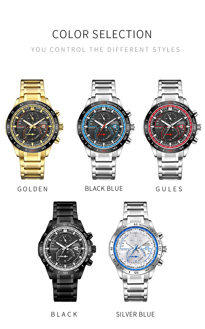 SMAEL Luxury Men Watches Gold Tone Stainless Steel Expansion Band Fashion Chronograph Quartz Watch Men Sport Wristwatch