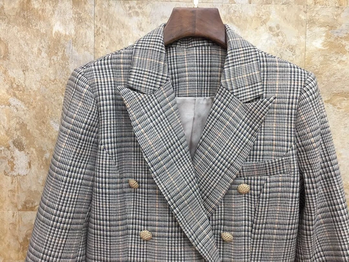 Early autumn new women's Lapel double-breasted button symmetrically buttoned Plaid suit jacket+ trousers suit 918