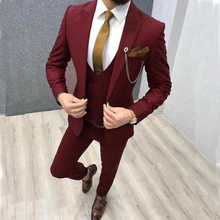 

New Arrival Groomsmen Peak Lapel Groom Tuxedos Burgundy Men Suits Wedding/Prom/Dinner Best Man Blazer ( Jacket+Pants+Tie+Vest )