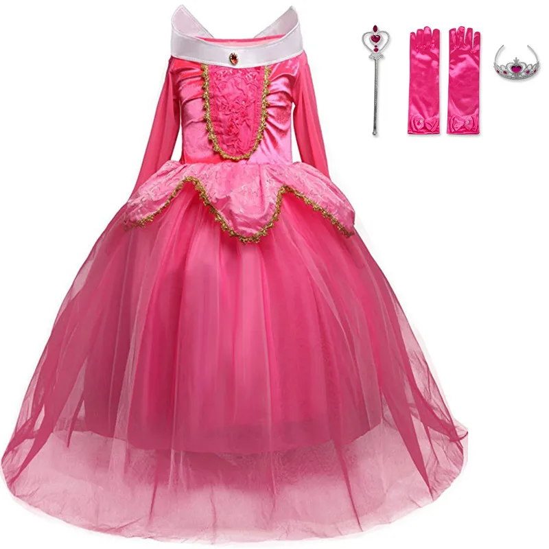 Платье для девочек праздничное платье принцессы спящей Красота Авроры костюм на день рождения Анна Эльза, Белль детская одежда с аксессуарами