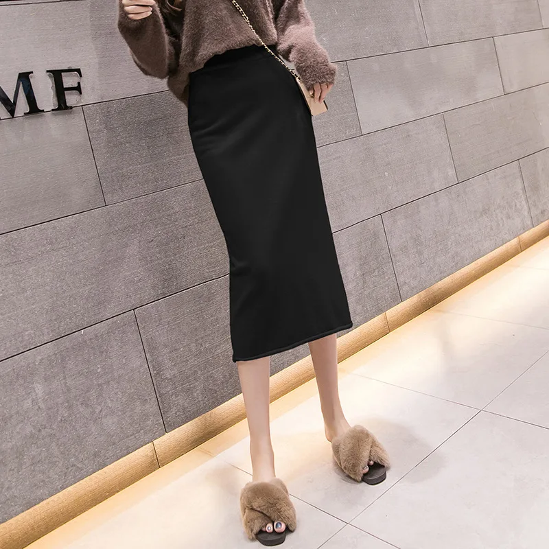 

Mid-length Knitted Yarn Straight-Cut Half-length Step Long Skirts Slim Fit Slimming 2019 Autumn And Winter New Style han ban qun