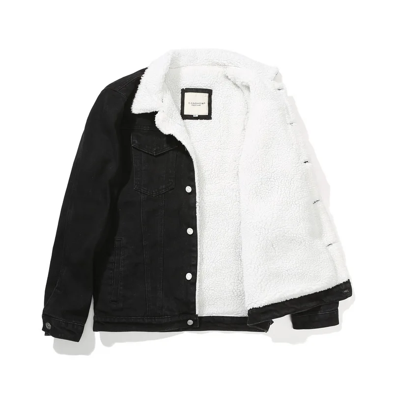 Black Denim Jackets 6XL ковбойские зимние джинсовые куртки, теплые джинсовые пальто, верхняя одежда для мужчин, большой размер, шерстяная подкладка, уплотненная шерпа, джинсовые куртки, одежда, GCM004 - Цвет: Black Denim Jackets