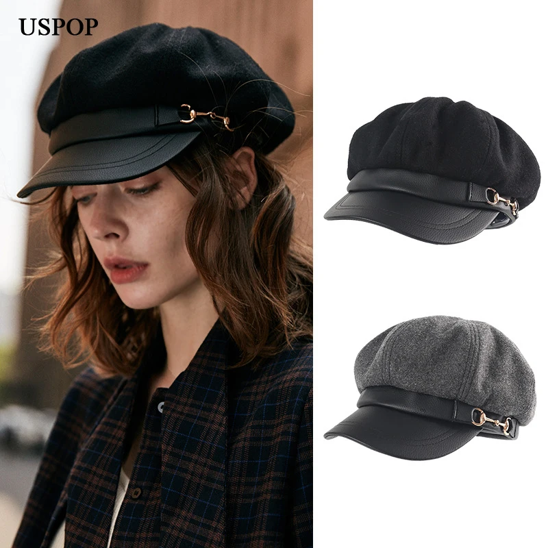 

USPOP 2020 New Winter Hats Women Octagonal Hat Vintage Wool Hats Patchwork Leather Brim Newsboy Caps Warm Military Cap Visor M L