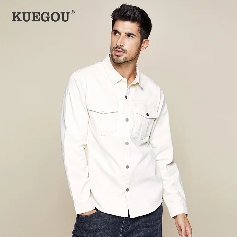 KUEGOU осень хлопок толстая белая рубашка мужская одежда на пуговицах Повседневная приталенная с длинным рукавом для мужчин Модная брендовая блузка 0224