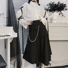 Черная Женская юбка в стиле панк с высокой талией и карманом, длинная юбка, Новая повседневная свободная Асимметричная трапециевидная модная юбка с цепочкой