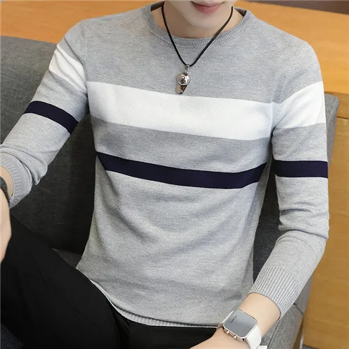Мужская Осенняя мода Повседневная полоса цветной блок Трикотаж Джемпер пуловер свитер - Цвет: 829  gray