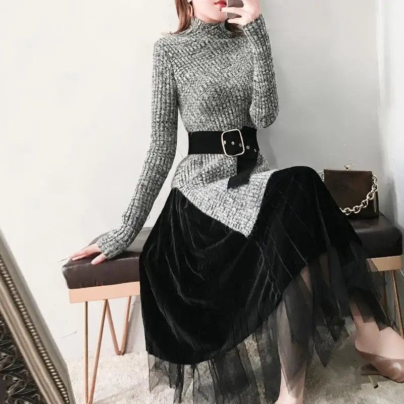 

Women Turtleneck Sweaters Long Mesh Maxi Skirts Suits Elegnat Skirt Sets Office Woman Two Pieces Sets