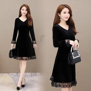 

2020 Photo Shoot Autumn and Winter Western Style Large Size WOMEN'S Dress Elegant jin si rong Joint Lace Slimming Cover Stomach