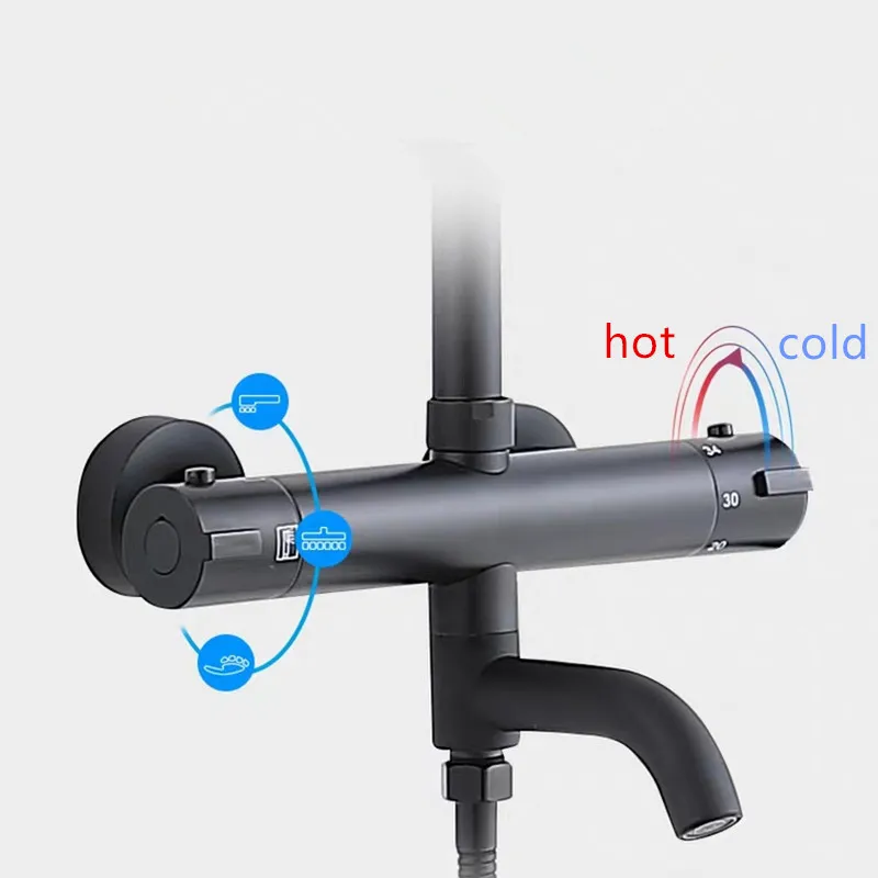 Роскошный Черный термостатический душевой набор душевой кран горячий и холодный черный душевой кран ванна термостатический душевой смеситель MJ988