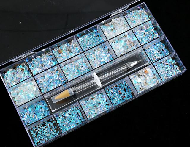 Multi Nail Rhinestones Kit Flatback 240pcs Alloy Charms (Neon,Pink,AB,Blue) Glass Jewelry Nail Art Crystal Box 2022