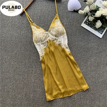 

High Split Lace Sexy Women Nightdress Spaghetti Strap Stain Fashion Sleepwear