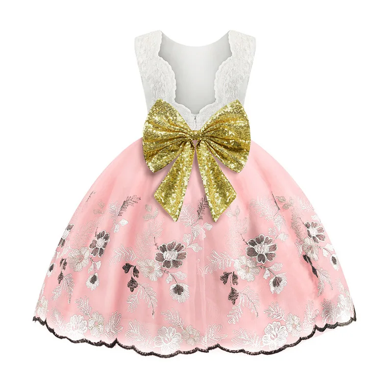 Новинка года; Летнее Детское рождественское платье с блестками; детская одежда с большим бантом; платье принцессы с цветочным узором для девочек на свадьбу, день рождения, вечеринку - Цвет: Pink