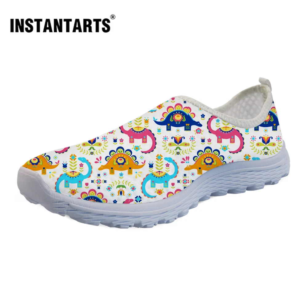 

INSTANTARTS Spring School Flats Shoes for Teenager Girls Cartoon Dinosaur Pattern Breathable Slip On Cute Sneakers Light Loafers