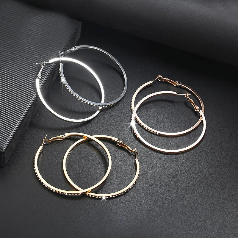 New Fashion Earring For Women with Crystal Rhinestone simple large Circle Gold/Silver/Rose Gold Hoop Earrings Jewelry Gifts