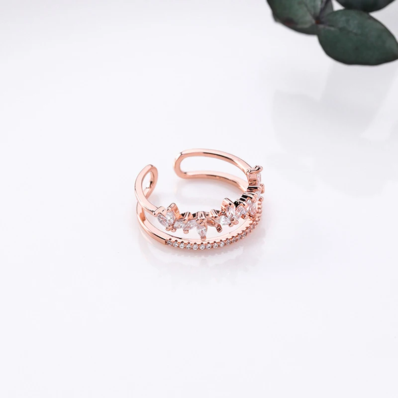 Модные креативные кольца с кристаллами и листьями, циркониевые кольца для женщин, романтическая любовь, кольцо с возможностью изменения размера, ювелирные изделия, обручальные кольца для свадьбы - Окраска металла: RoseGold
