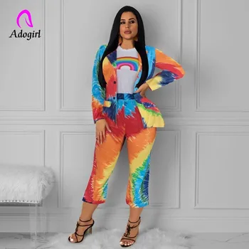 

Adogirl Rainbow Color Notched Neck Blazer and Ankle Pants 2 Piece Set Women Autumn Elegant Office Ladies Outfits Two Piece Set