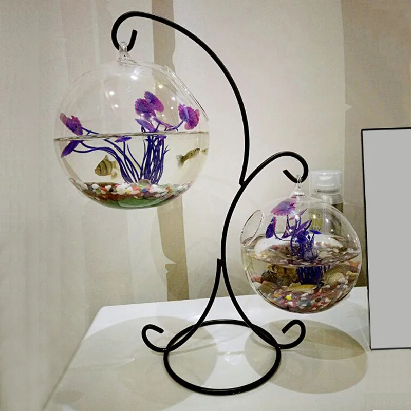 

Desktop Hanging Double Glass Aquarium Mini Aquarium Aquatic Bottle Transparent Aquarium Goldfish Bowl Creative Iron Bracket