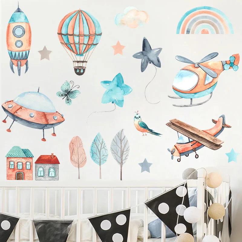 Cartoon Hot air balloon Wall Stickers Boys Kids room Nursery Wall Decor Airplane Airship PVC Wall Decals Art Murals Home Decor
