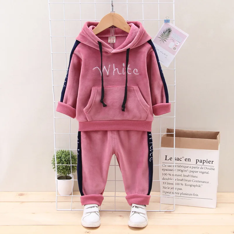 Beste 2019 Herfst Winter Sport Kinderen Kleding Suits Kids Dikke Fluwelen Hooded Broek 2 stks sets Jongens Meisjes Trainingspak Baby Sweatsuit