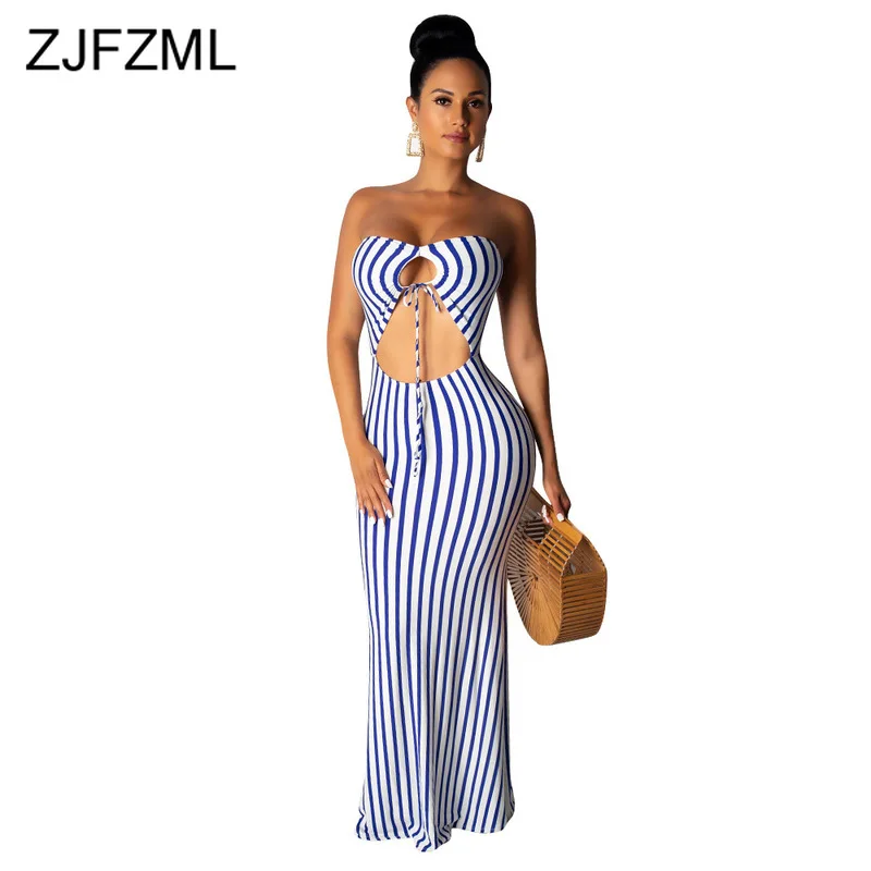 

Blue White Striped Sexy Mermaid Dress For Women Waist Band Cut Out Backless Party Dress Summer Off Shoulder Backless Beach Dress