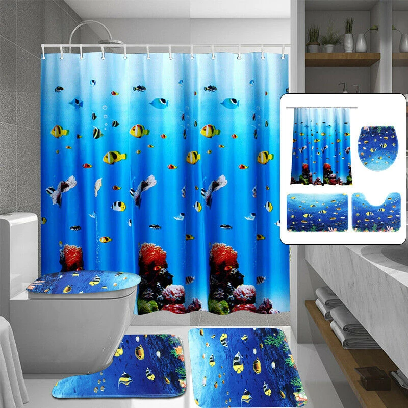 Набор занавесок для душа с подводным принтом, занавеска для ванной, нескользящая напольная накладка, крышка для унитаза, принадлежности